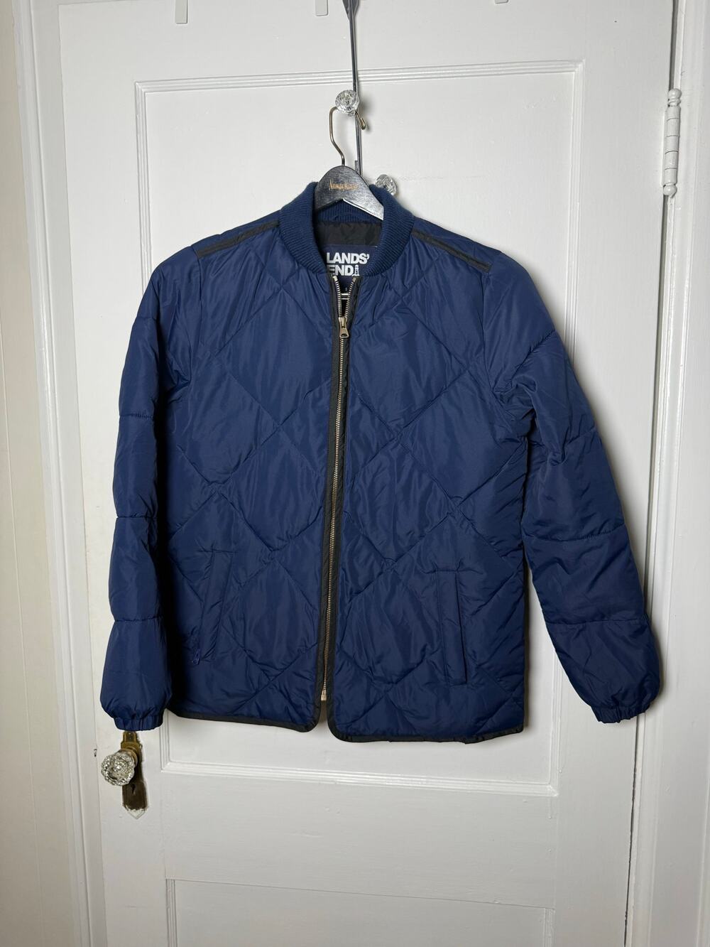 Lands' End Navy Blue Quilted Preppy Equestrian Bomber Jacket Women's Small 6-8